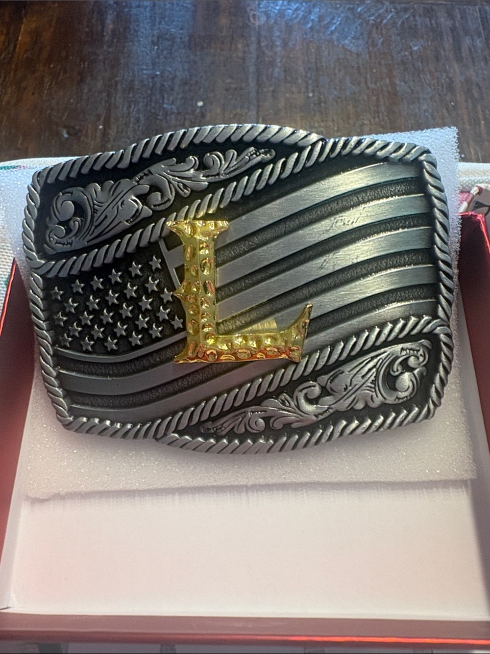 Men's Black and Gold American Flag Belt Buckle with 'L' Initial
